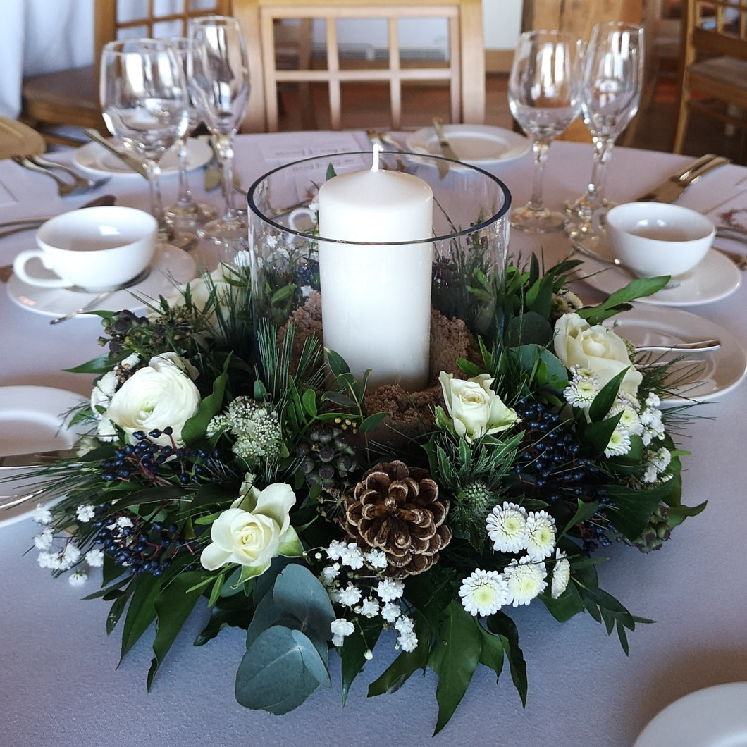 Round, Winter Whites Table Centre Peice with Vase and Chapel Candle